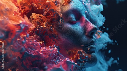 Abstract Artistic Face in Blue and Red. Surreal portrait of a person with vibrant blue and red paint splashes around the face, creating an abstract and artistic effect.