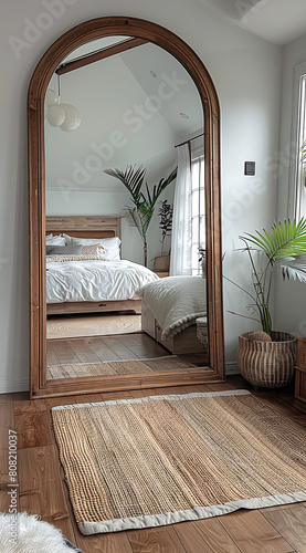 Arched mirror reflecting a cozy bedroom with plants and wooden floor. photo