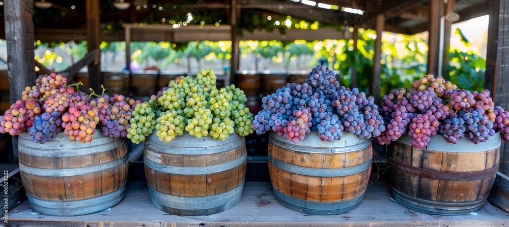 Vibrant grapes in barrels at vineyard warehouse under soft evening light for winery ad