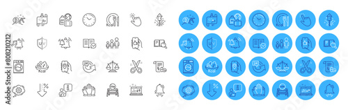 Search book, Usa close borders and Journey path line icons pack. Justice scales, Salad, Washing machine web icon. Like app, Time, Interview pictogram. Scissors, Cogwheel, 24 hours. Vector