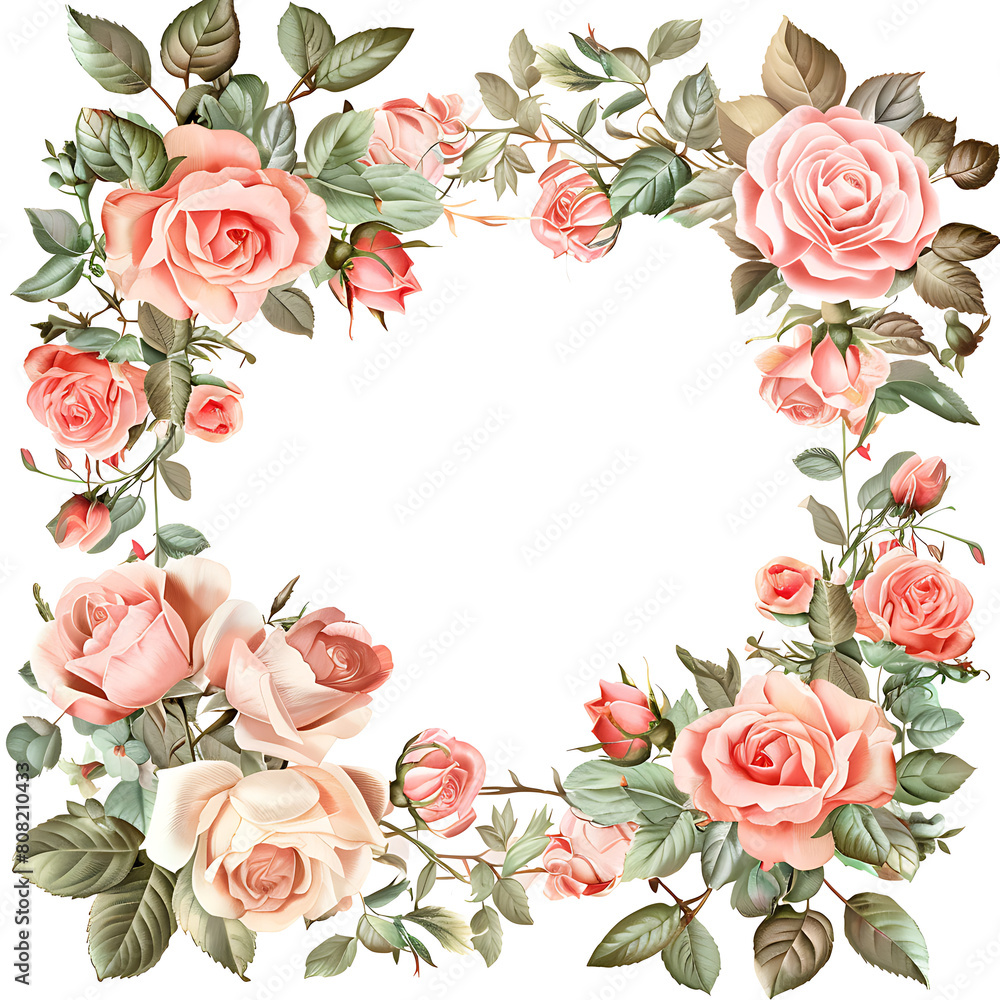 A beautiful square border with delicate pink roses and green leaves on a white background