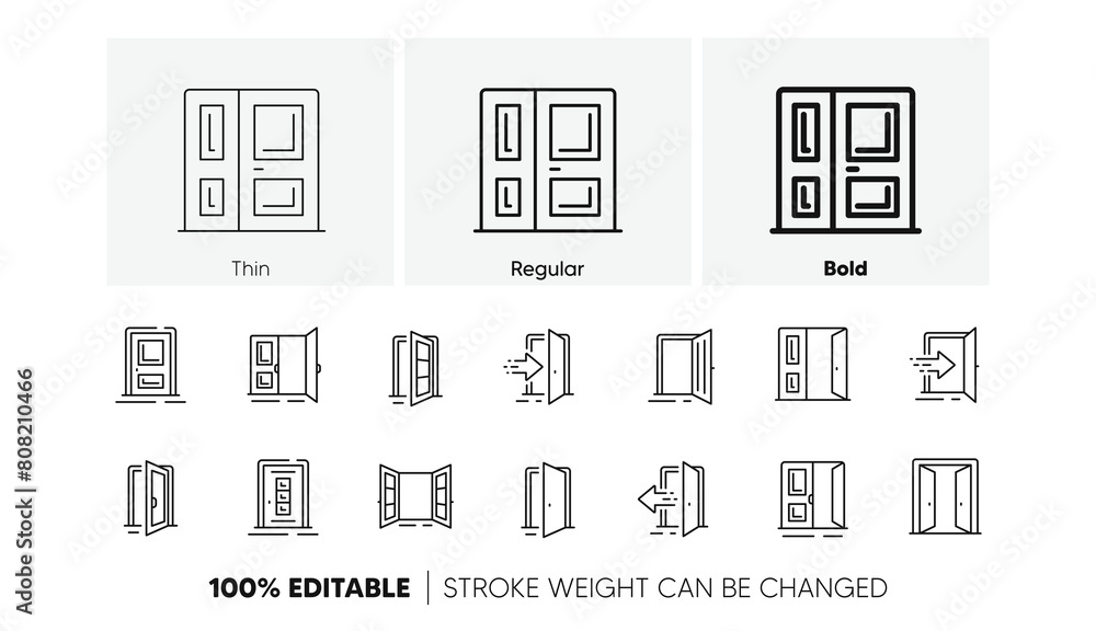 Open door, Building entry, Emergency exit. Entrance line icons. Closed doorway, Doorframe, House entrance outline icons. Door knob, home entry, building access. Interior gate, double door. Vector Open door, Building entry, Emergency exit. Entrance line icons. Closed doorway, Doorframe, House entrance outline icons. Door knob, home entry, building access. Interior gate, double door. Vector