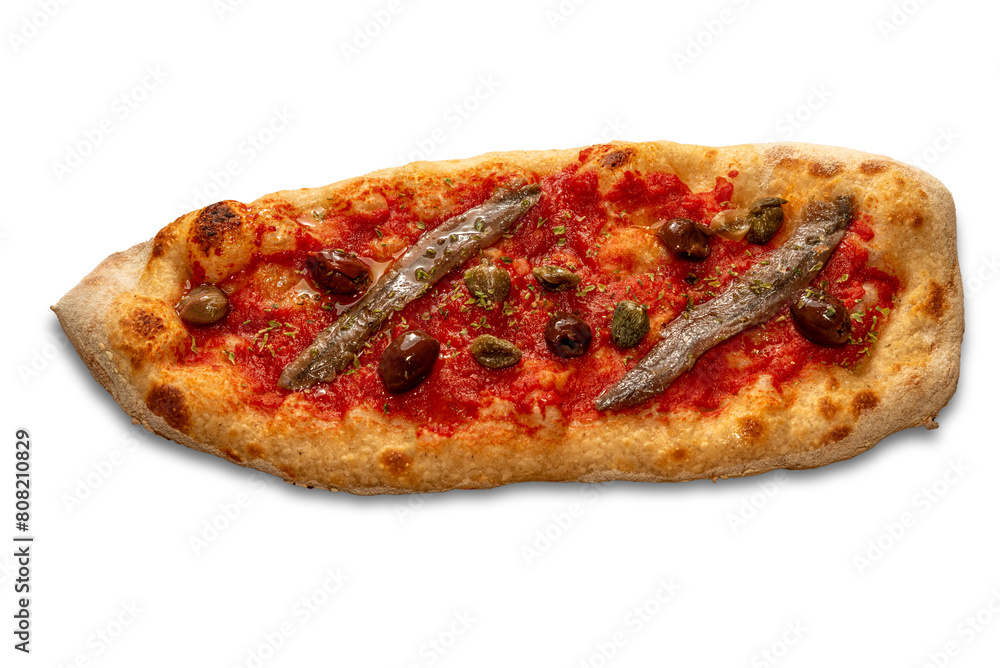 Mini boat-shaped pizza with tomato sauce, anchovies and olives and capers isolated Mini boat-shaped pizza with tomato sauce, anchovies and olives and capers isolated