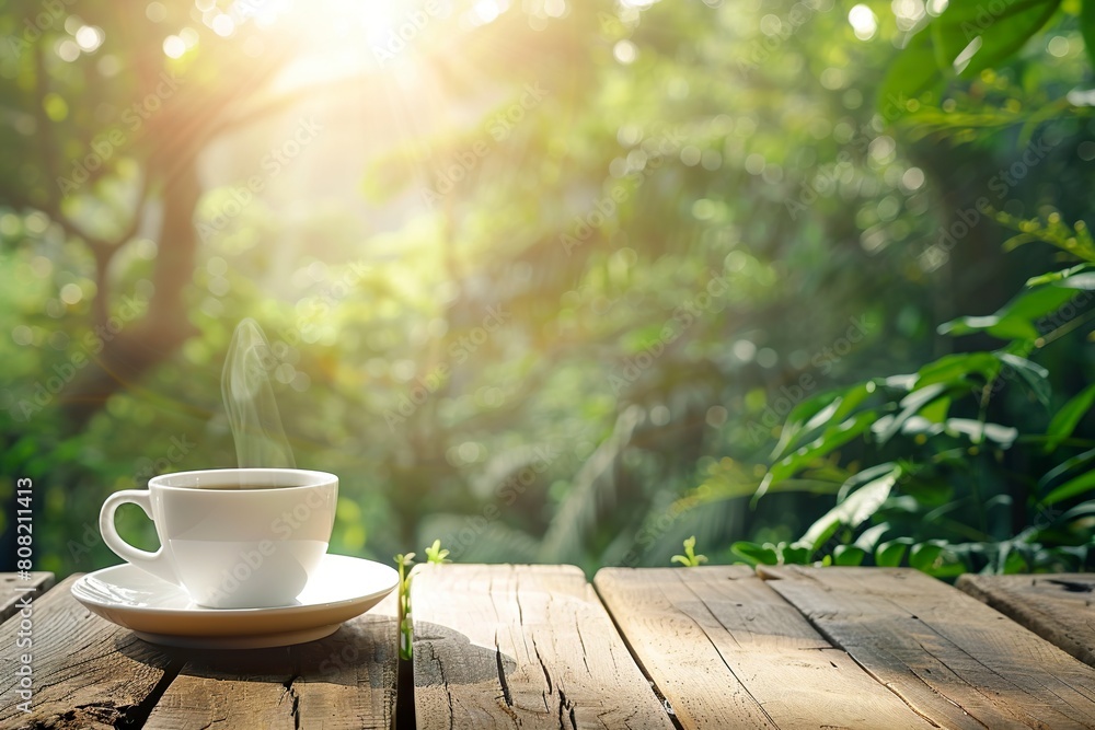 A cup of hot coffee on a table with a nature background. Hot coffee for a moment of relaxation and tranquility. A cup of hot coffee on a table with a nature background. Hot coffee for a moment of relaxation and tranquility.