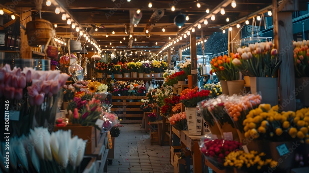 Warm and inviting indoor flower market brimming with a vast selection of fresh flowers, elegantly illuminated by strings of lights creating a magical ambiance.