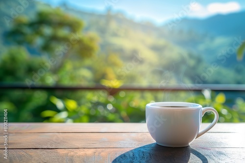 A cup of hot coffee on a table with a nature background. Hot coffee for a moment of relaxation and tranquility.