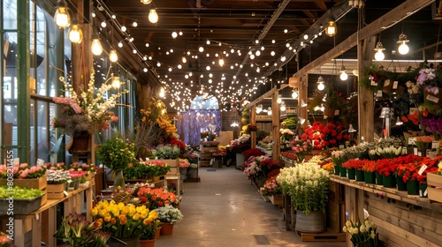 Warm and inviting indoor flower market brimming with a vast selection of fresh flowers  elegantly illuminated by strings of lights creating a magical ambiance.