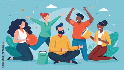 A group of coworkers taking a break from their hectic work day and participating in a drum circle feeling united and destressed through the power of.