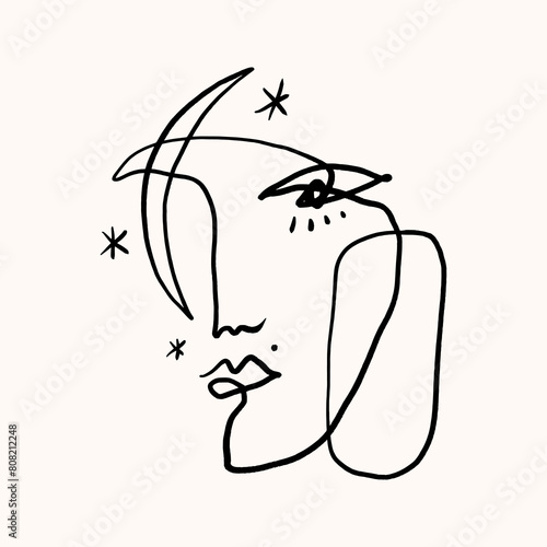 Modern abstract minimalistic continuous face portrait. Linear ink brush. Line art current contemporary continuous cubism painting. Fashion style black and white abstraction poster. Vector illustration