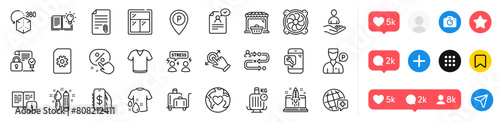 Donation, Luggage trolley and Parking line icons pack. Social media icons. Attachment, Discount button, Window web icon. Money app, Product knowledge, Phone repair pictogram. Vector