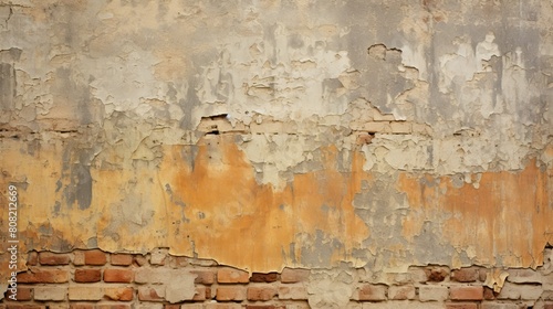 A weathered brick wall with peeling paint and visible texture, showcasing the passage of time and history © Budi