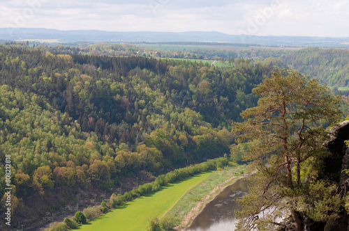 Beautiful summer view of Elbe river from Bastei view pont. Colorful morning scene of Saxon Switzerland national park, Germany, Europe.