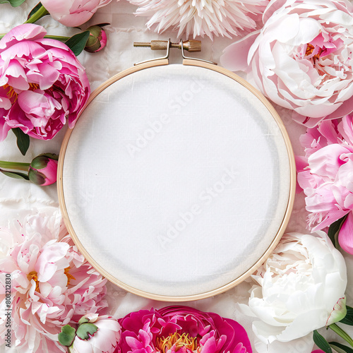 embroidery hoop on a floral background, crafting concept. photo