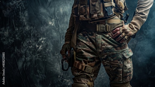 A soldier in full combat gear is standing in a dark room. photo