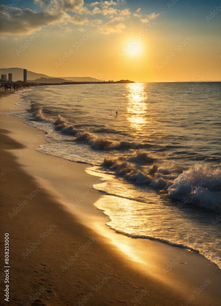 The sunrise scene at the beach, with sun shadows captured by the waves.