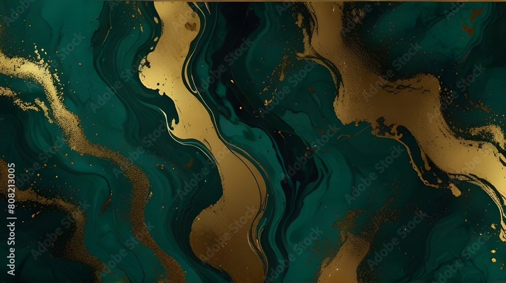 Luxurious Marble Texture: Dark Green Swirls with Gold Painted Splashes,marble texture background, artistic paint swirls, elegant luxury backdrop, decorative stone pattern, high-end design concept
