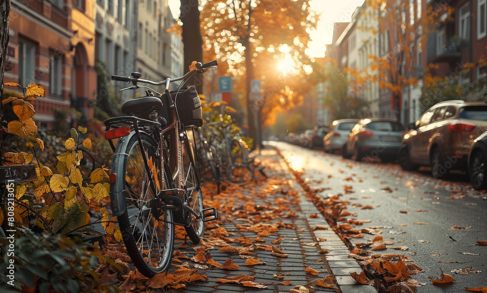 Bicycle parked on the street in autumn