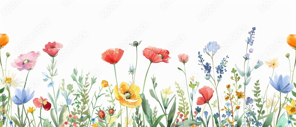Watercolor of flower showcasing a field of wildflowers in Japan draw art styles, clipart watercolor easy detail on white background