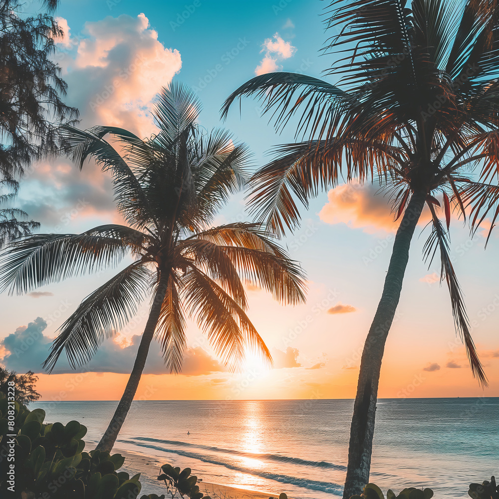 Sunset on the beach with beautiful palm trees