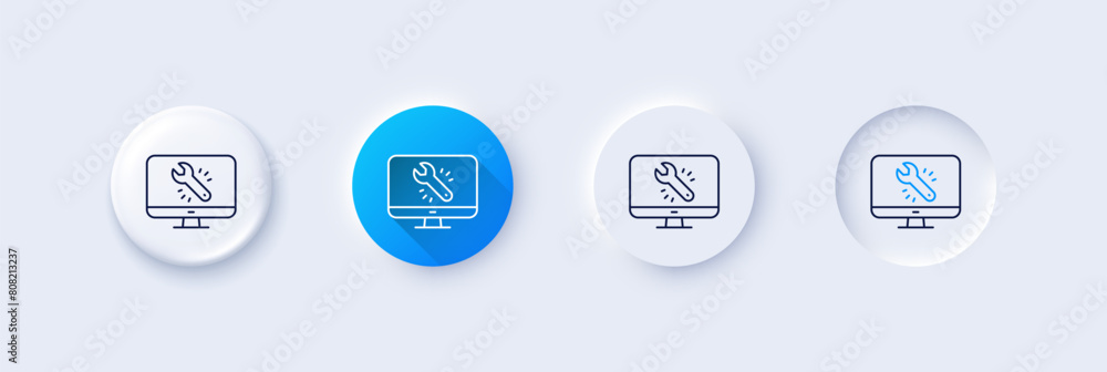 Spanner tool line icon. Neumorphic, Blue gradient, 3d pin buttons. Monitor or computer repair service sign. Fix instruments symbol. Line icons. Neumorphic buttons with outline signs. Vector Spanner tool line icon. Neumorphic, Blue gradient, 3d pin buttons. Monitor or computer repair service sign. Fix instruments symbol. Line icons. Neumorphic buttons with outline signs. Vector
