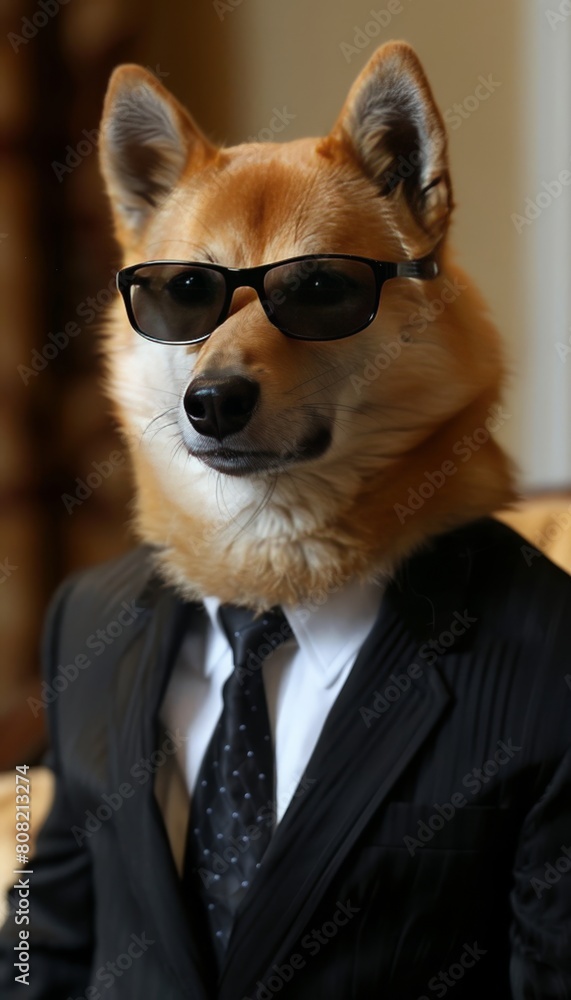 Stylish dog in sunglasses and suit with tie on blurred background, copy space available