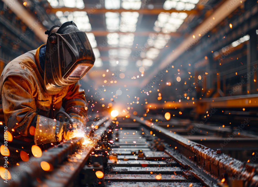 A man in protective workwear is welding metal at a factory, with sparks flying from the head of an electric torch as he focuses on his hands A man in protective workwear is welding metal at a factory, with sparks flying from the head of an electric torch as he focuses on his hands