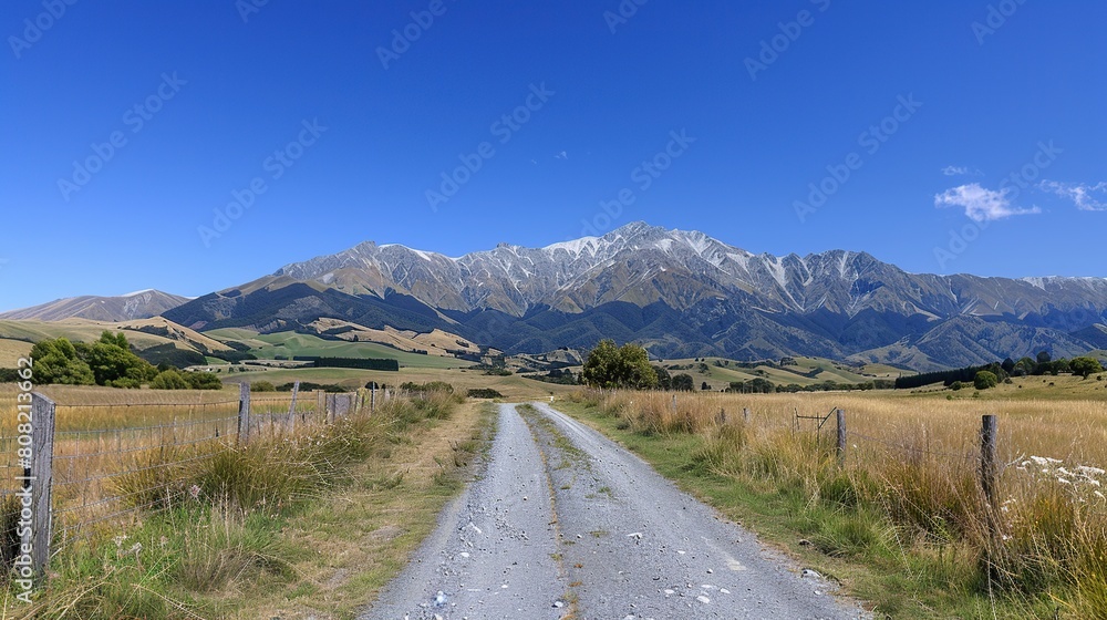Road leading to the foot of mount actual in clear blue sky, beautiful mountain range in background.