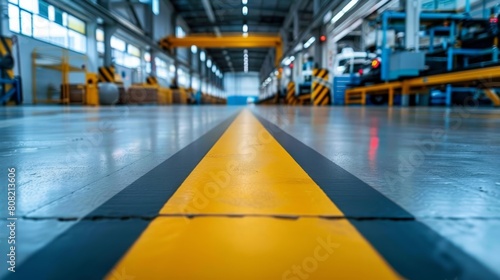   A yellow-and-black striped floor marker in a large machinery-filled background of a building