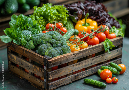 Fresh organic vegetables in wooden crate