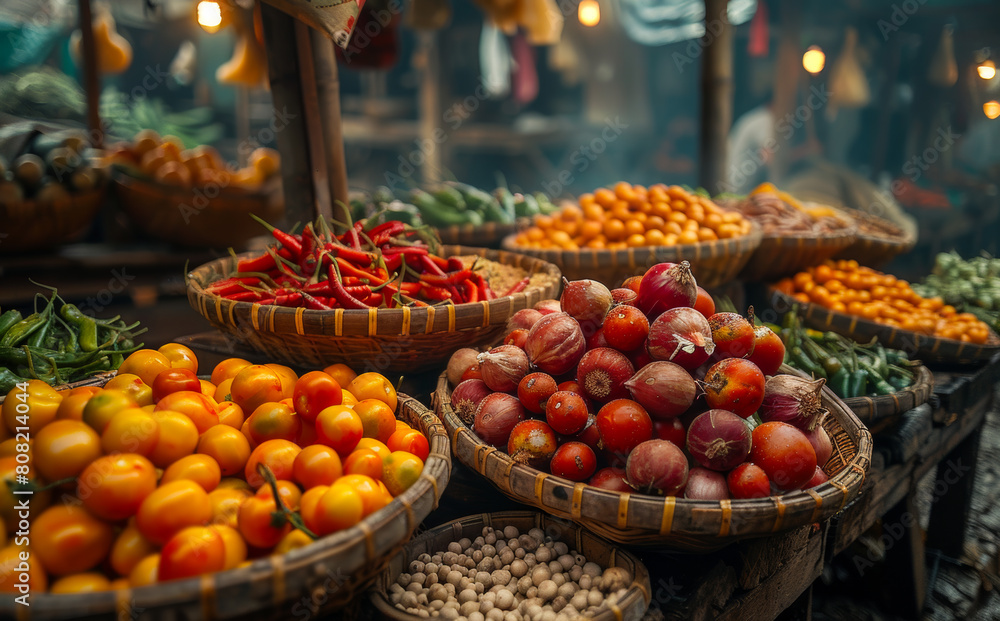 Variety of fresh organic vegetables and fruits in the street market