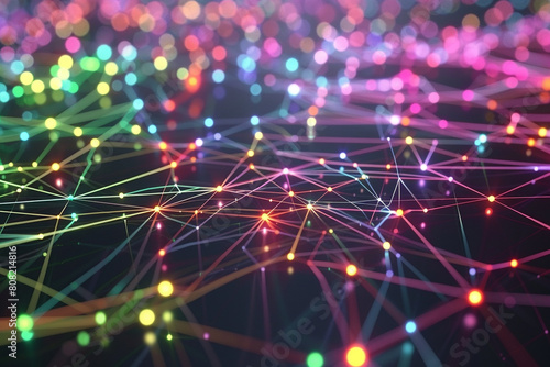 Abstract nodes linked by a network of shimmering colorful lines, simulating digital traffic.