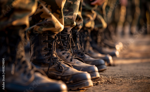 Military personnel preparing for a parade. Focus on soldiers polishing their shoes, adjusting their uniforms, or practicing their march