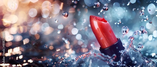 Waterproof makeup featured in a water splash for a cosmetic ad on a bokeh background, giving it a vibrant, futuristic color and a nice shot sharpen for banner photo