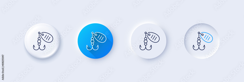 Fishing lure line icon. Neumorphic, Blue gradient, 3d pin buttons. Spinning bait sign. Catching fish symbol. Line icons. Neumorphic buttons with outline signs. Vector Fishing lure line icon. Neumorphic, Blue gradient, 3d pin buttons. Spinning bait sign. Catching fish symbol. Line icons. Neumorphic buttons with outline signs. Vector