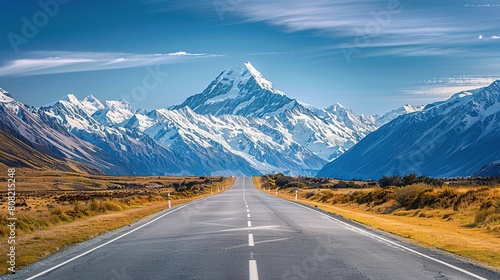 Road leading to a snowcapped mountain in a beautiful landscape scenery, copy space, travel concept.