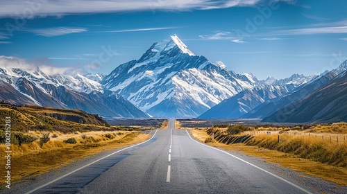 Road leading to a snowcapped mountain New Zealand and blue sky background.