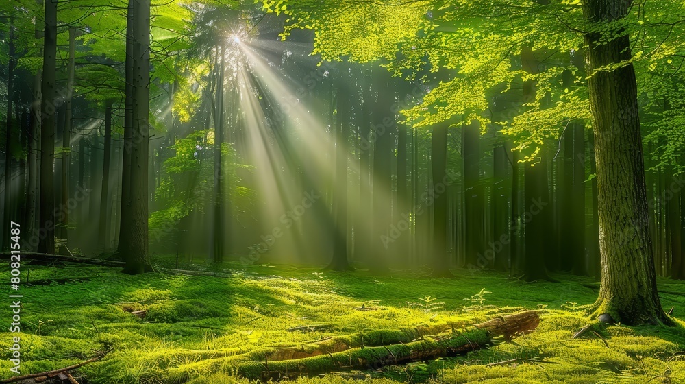 Fototapeta premium A forest teeming with abundant green foliage beneath, illuminated by copious sunrays filtering through tree canopies