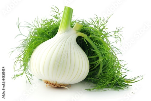 A single fennel bulb with green fronds, isolated on a white background