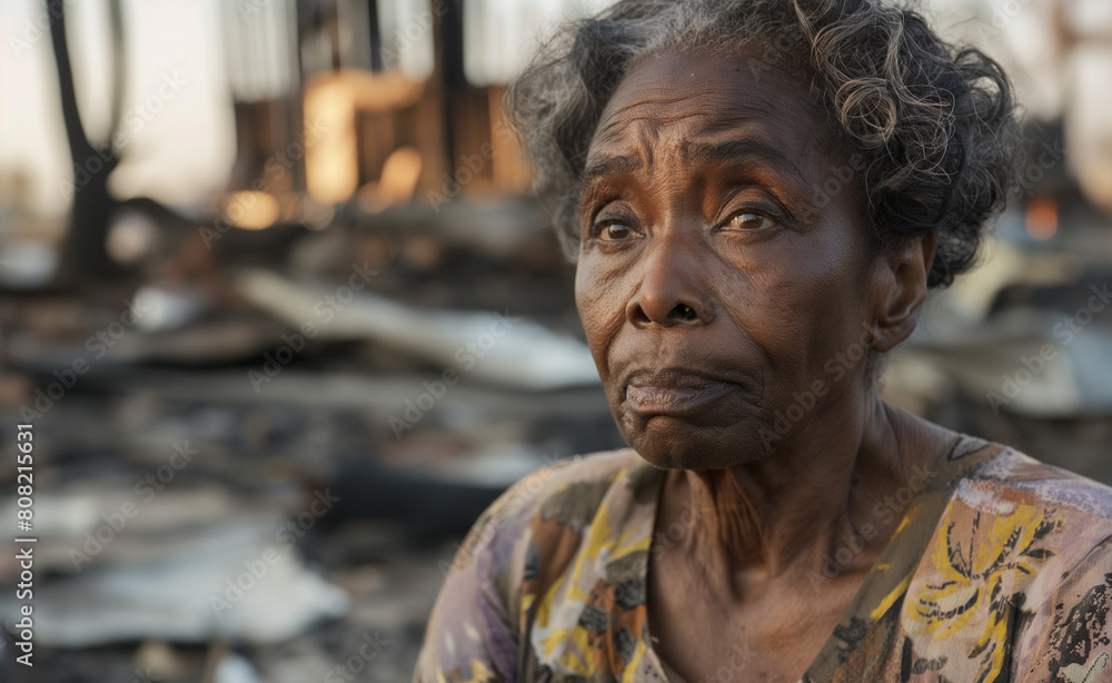 Poignant portrait of a survivor in the aftermath of a natural disaster, such as a wildfire or flood.