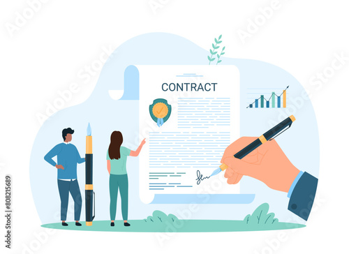 Signature of legal document  agreement  arrangement. Businessmans hand signing contract for purchase or sale  loan or deal with seal on paper sheet  tiny people holding pen cartoon vector illustration