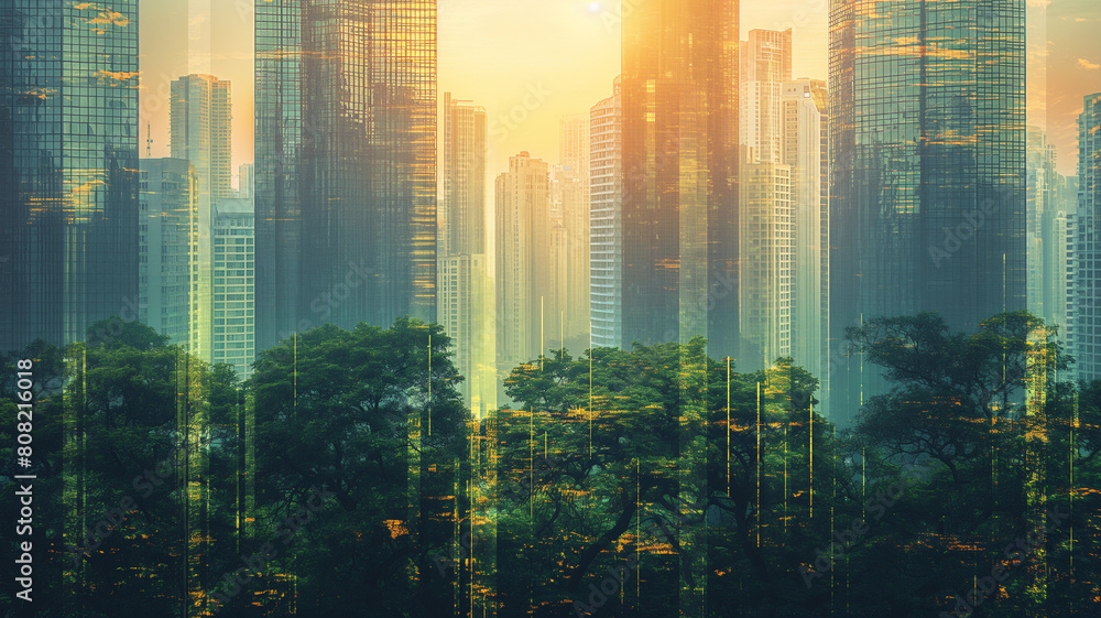A cityscape with tall buildings and trees in the foreground A cityscape with tall buildings and trees in the foreground