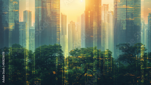 A cityscape with tall buildings and trees in the foreground
