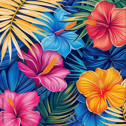 A colorful painting of flowers with a blue background