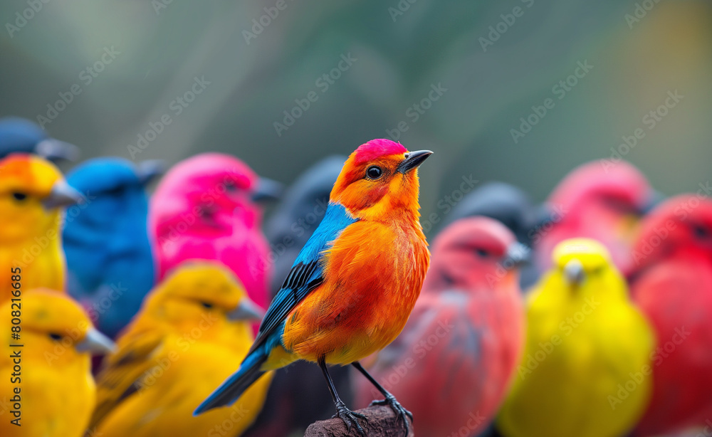 Obraz premium Brightly colored bird among a group of more subdued, similarly colored birds. 