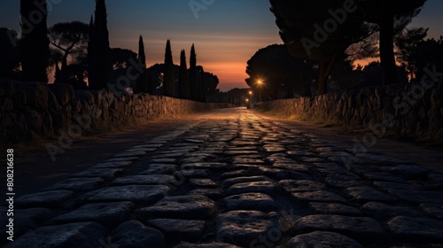 Roman road at twilight with flickering torches lighting the path photo