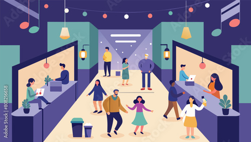 A mall hosts a special sensoryfriendly event during quiet hours with dimmed lights quiet music and designated areas for shoppers to take a break from. Vector illustration