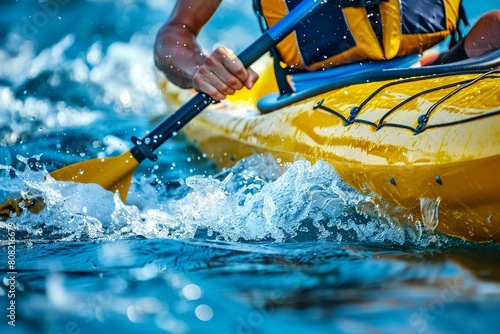 Close up of kayaker s paddle in motion at summer olympic games, dynamic sports concept
