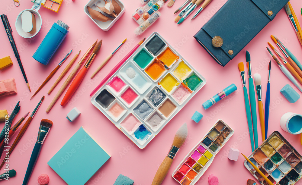 Various art supplies--brushes, paints, and sketchbooks--carelessly scattered yet aesthetically pleasing on a pastel pink background. Various art supplies--brushes, paints, and sketchbooks--carelessly scattered yet aesthetically pleasing on a pastel pink background.