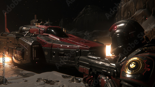 A man in a black suit is holding a gun and looking at a red spaceship