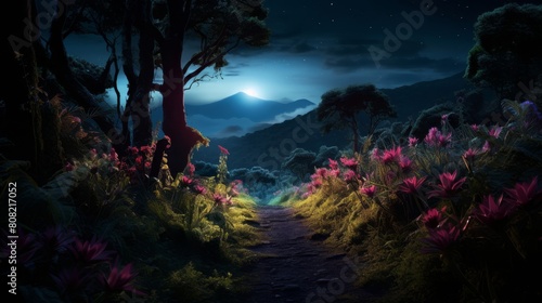 Roman road encircled by bioluminescent plants casting ethereal glow